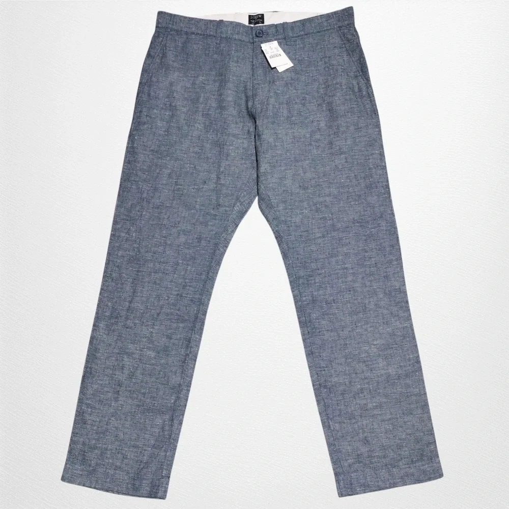 J Crew Pants Men 34x30 Sutton Chambray Linen Blend Straight Leg Blue Preppy NEW